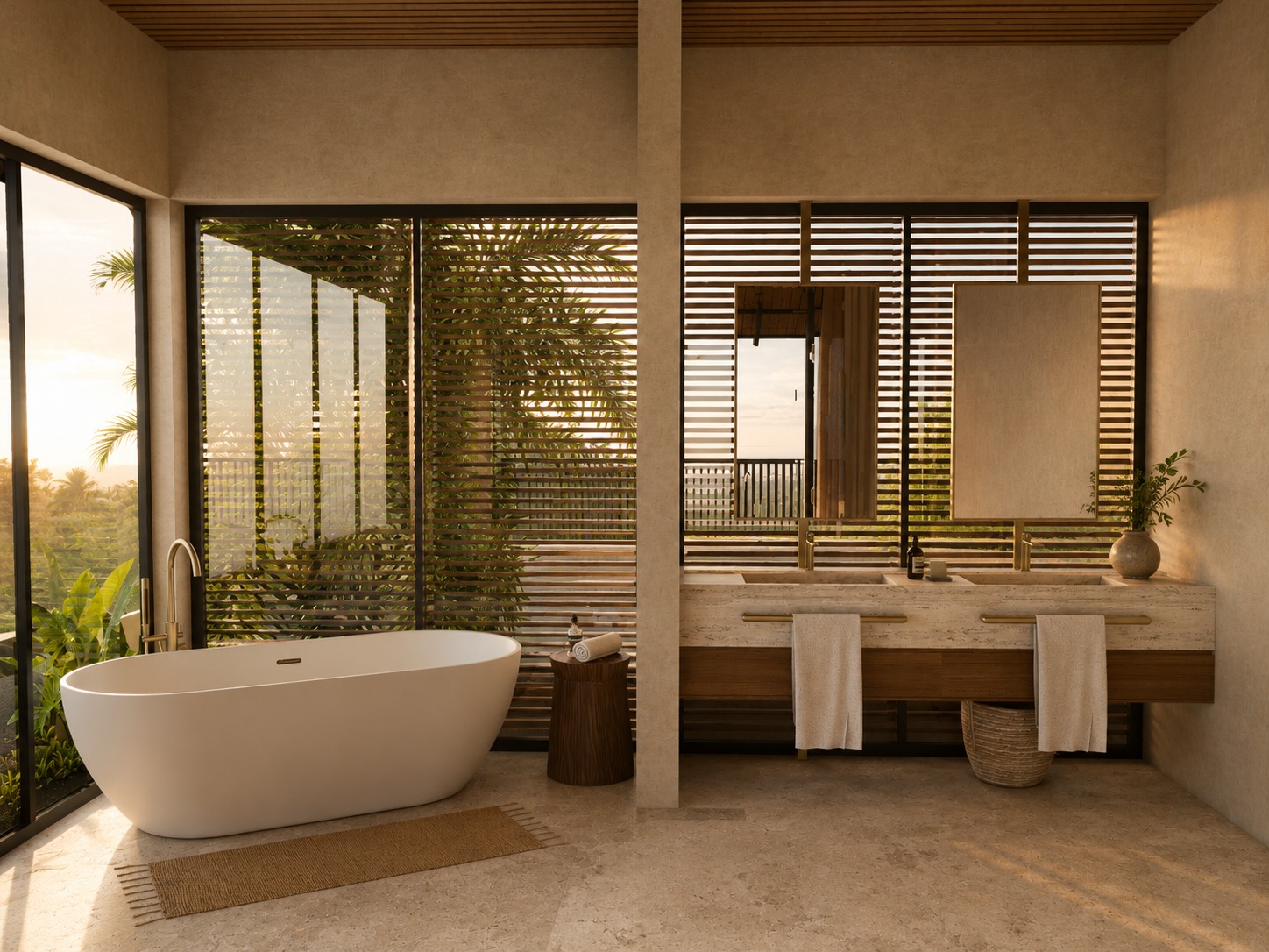 Master bathroom with freestanding bath and sunset view